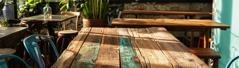 A reclaimed wood table in an ecofriendly space, highlighting sustainability for product placement low noise