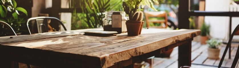 A reclaimed wood table in an ecofriendly space, highlighting sustainability for product placement low noise