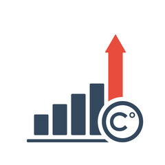 bar chart with rising trend and red up arrow and celsius degree symbol, climate change vector sign