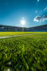 Blue-hued product stand, vast stadium setting, serene sky