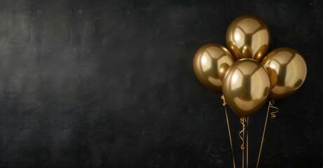 A bunch of golden balloons on black background with copy space for text