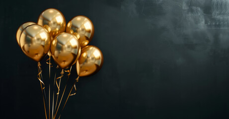A bunch of golden balloons on black background with copy space for text