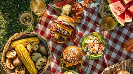 A mouthwatering overhead shot of a backyard barbecue spread