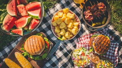 A mouthwatering overhead shot of a backyard barbecue spread - obrazy, fototapety, plakaty