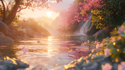 a fantasy mountain landscape with a light pink and gold river from the sunrays glimmering. vibrant floral trees calm and peaceful, y2k, background.