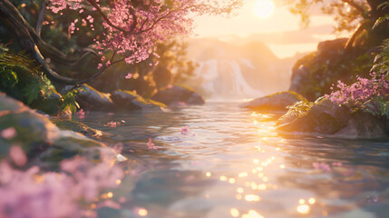 a fantasy mountain landscape with a light pink and gold river from the sunrays glimmering. vibrant floral trees calm and peaceful, y2k, background.