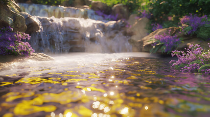 a fantasy waterfall landscape with a light purple and gold from the sunrays glimmering. vibrant floral trees calm and peaceful, y2k, background.