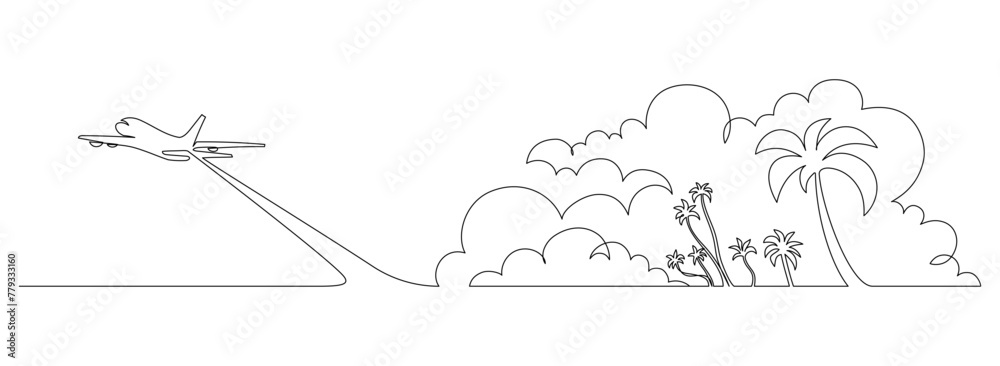 Leinwandbilder one continuous line drawing of summer travel vacation concept. tropical landscape with beach and pal