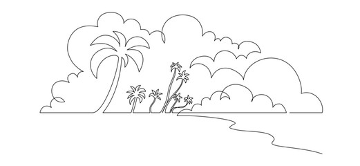 One continuous line drawing of beach with palm tree. Abstract tropical landscape with sea and clouds in simple linear style. Travel vacation in editable stroke. Doodle contour vector illustration