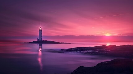 Fototapeta premium Beautiful lighthouse on the sea, calm water, pink sky, sunset. For Design, Background, Cover, Poster, Banner, PPT, KV design, Wallpaper