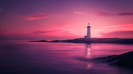Beautiful lighthouse on the sea, calm water, pink sky, sunset. For Design, Background, Cover, Poster, Banner, PPT, KV design, Wallpaper