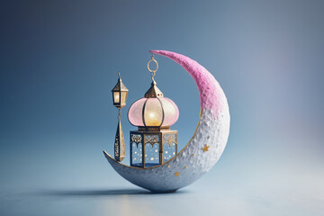 3d illustration of a crescent moon with golden moon and stars ornament. Islamic greeting eid mubarak card design with lantern, crescent moon and mosque beautiful background. AI generated