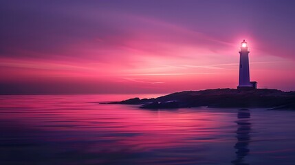 Beautiful lighthouse on the sea, calm water, pink sky, sunset. For Design, Background, Cover, Poster, Banner, PPT, KV design, Wallpaper