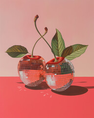 oil painting of two cherries that are disco balls mosaic art, on a pastel light red background.
