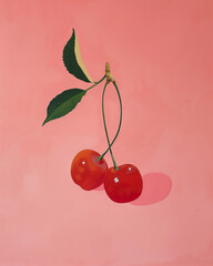 illustration oil painting of two cherries on a pastel light red background.