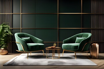 Two green chairs in front of a gold wall, creating a stylish and elegant seating area.