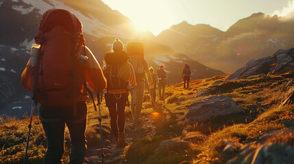 Group tourists of hiker sporty people walks in mountains at sunset with backpacks. Concept adventure with copy space