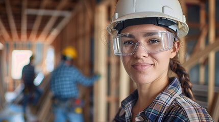 woman working on a construction site, construction hard hat and work vest, smiling, middle aged or...