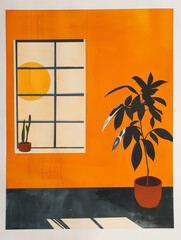 minimalist poster art illustration of an orange room with a window and a magnolia tree and the moonlight shining through block printing, 