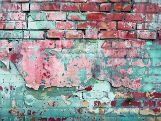 The rough texture of a brick wall with peeling paint and graffiti