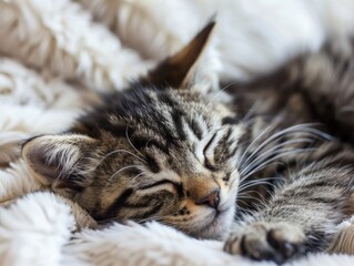 The soft fur of a sleeping kitten with a focus on the whiskers and peaceful expression