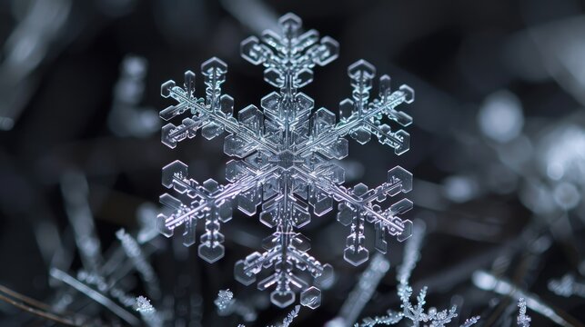 The intricate pattern of a snowflake on a dark surface showcasing its unique structure and symmetry