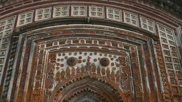 Famous Antpur Radhagovindjiu temple with crafted wood and exquisite terracotta carvings depicting stories from all 18 puranas. Here Swami Vivekananda took monastic vows in 1886, West Bengal, India