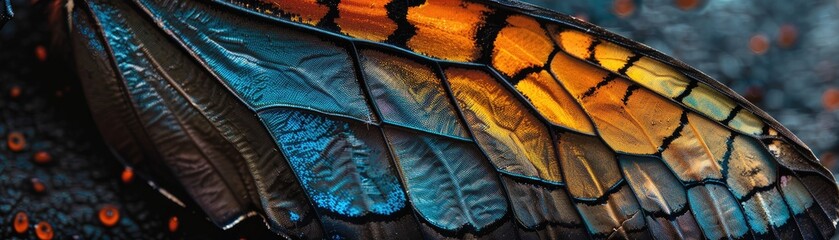 A detailed view of a butterflys wing revealing the scales and vivid colors in extraordinary detail