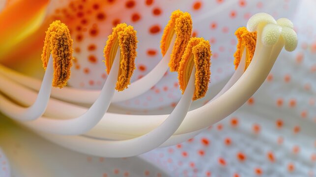 A macro shot of a flowers stamen and pistil highlighting the pollen and delicate structures