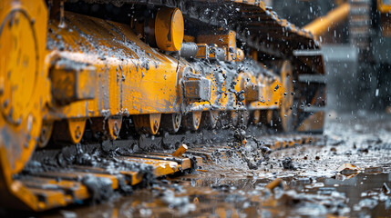 A detailed view of a muddy bulldozer track, with raindrops hitting the metal and mud, depicting construction during wet conditions.