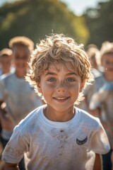 A young boy smiling, curly hair, freckles, sunny day, outdoor activity, joy and playfulness, natural light, blurred background.