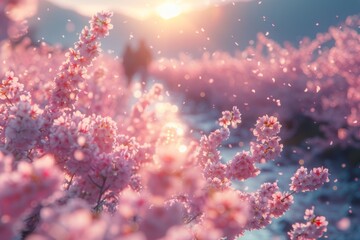 Fototapeta na wymiar Cherry blossoms in bloom, soft pink petals, sunlight through trees, dreamy bokeh, springtime beauty, serene nature scene, tranquil.