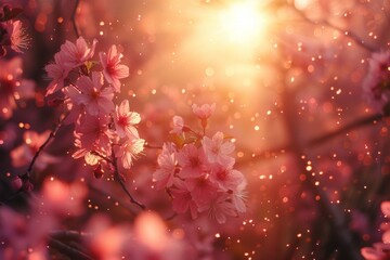 Cherry blossoms at sunrise, golden sunlight, warm tones, romantic spring atmosphere, beautiful flora, vibrant and enchanting.