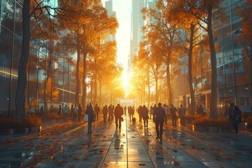 Sunset in the city, golden autumn, busy street, silhouettes of people, modern architecture,...