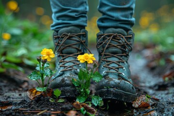 Sturdy boots with blooming flowers, overcoming nature's resilience, muddy ground, life's perseverance, vibrant yellow petals. - Powered by Adobe