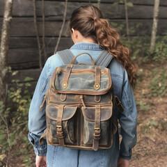 a lone young woman wearing a weathered olive backpack ready to go on an adventure.