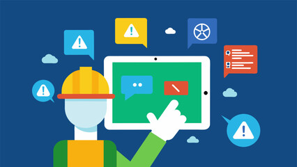 A workers hand holding a tablet with an augmented reality app displaying realtime safety updates and notifications for potential hazards in the