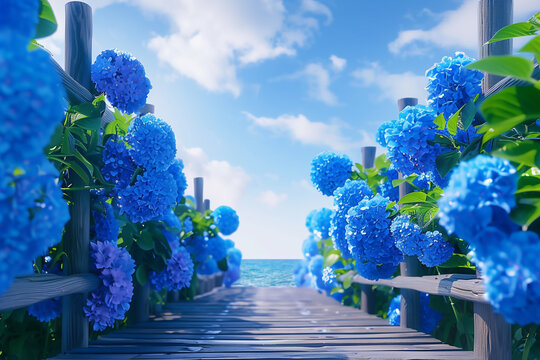 Hydrangea path leading to the sea