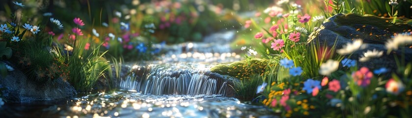 Photorealistic image of a bubbling brook surrounded by spring flowers, natural daylight ,high resulution,clean sharp focus - obrazy, fototapety, plakaty