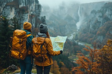 Two hikers with yellow backpacks stand overlooking a grand waterfall in an autumn-hued valley, consulting a map.