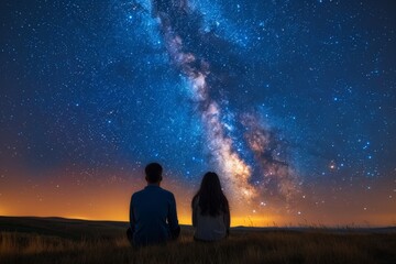 A couple is captivated by the stunning Milky Way arching across the night sky, a display of celestial beauty.