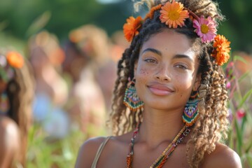 A confident woman with dreadlocks poses with a floral headpiece, embodying the spirit of summer festivities.