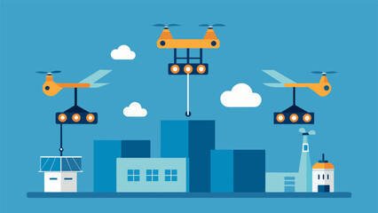 Obraz premium A series of sophisticated drones are shown flying above the factory equipped with material tracking technology to monitor and track material