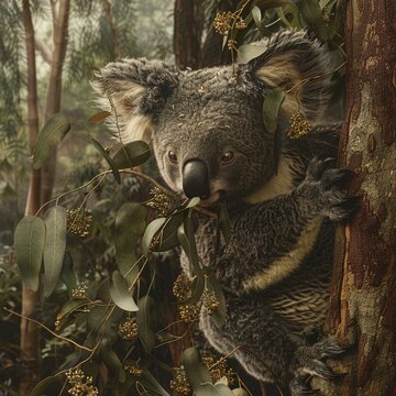 Botanical illustrator, 1800s, drawing koala, Taktouka lunch break, immersive nature study , 3D render