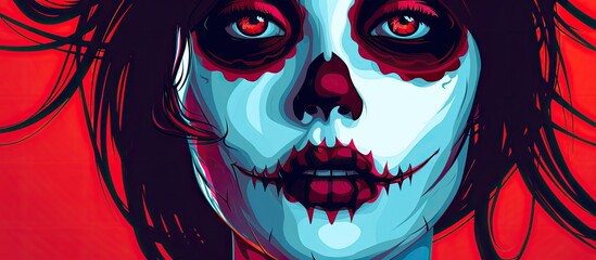 A close up of an entertainers face with a skull painted on jaw while her mouth and eyelashes are electric blue, embodying a fictional character at an arts event in a dark ambiance