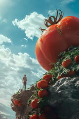 food advertising cover, a macro scene with giant tomatoes on the top of a mountain with a person looking up at giant tomatoes, clear sky, with puffy clouds. 