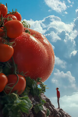 food advertising cover, a macro scene with giant tomatoes on the top of a mountain with a person looking up at giant tomatoes, clear sky, with puffy clouds. 