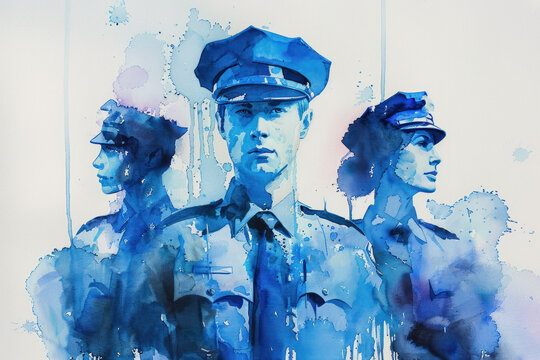 Blue digital painting of cops in police officer uniform, security