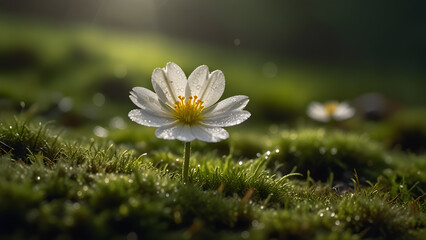 White Flower on Grass with Dew Drops