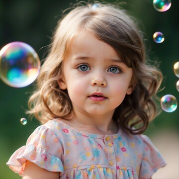 adorable little girl child light blue eyes surrounded by colorful soap bubbles